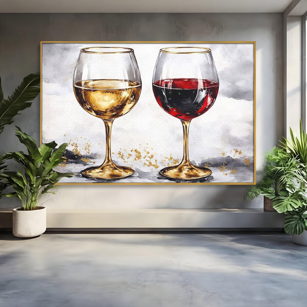 Tablou canvas cu tablou canvas cu doua pahare de vin, in rama de aluminiu auriu